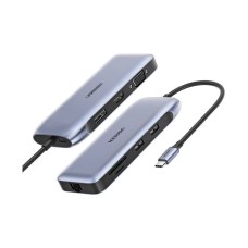 USB HUB UGREEN, USB C na 2x USB A 3.0, HDMI, VGA, DP, RJ45 Gigabit, SD/TF, Power Delivery, sivi