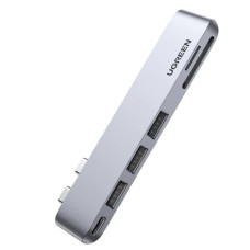 USB HUB UGREEN, Dual USB C na 3x USB A 3.0, TF/SD, USB C (Ž), za MacBook Pro/Air, sivi