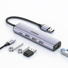 USB HUB UGREEN, USB A 3.0 na USB C, 3x USB A 3.0, RJ45, sivi