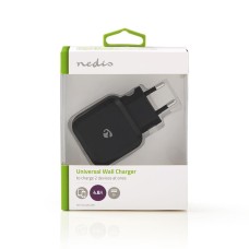 Kućni punjač NEDIS WCHAU484ABK, 24W, 2x USB A, crni