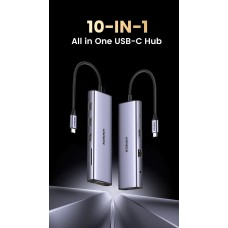 USB HUB UGREEN, USB C na 3x USB A 3.0, HDMI, VGA, RJ45 Gigabit, SD/TF, Power Delivery, 3.5mm sivi