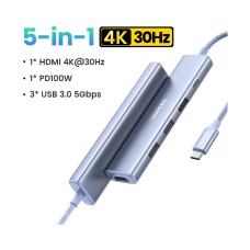 USB HUB UGREEN 5-in-1, USB C na HDMI 4K@30, USB C PowerDelivery 100W, 3x USB A, plavi