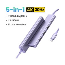 USB HUB UGREEN 5-in-1, USB C na HDMI 4K@30, USB C PowerDelivery 100W, 3x USB A, ljubičasti