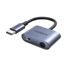Adapter UGREEN, USB C (M) na 3.5mm (Ž), USB C (Ž), PowerDelivery, Quick Charge, sivi