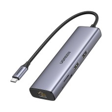 USB HUB UGREEN 7-in-1, USB C na USB C PD 100W, 2x USB A 3.0, HDMI 4K@30, RJ45, čitač kartica SD/TF, sivi