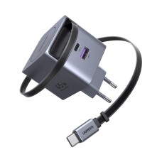 Kućni punjač UGREEN, 45W, USB C, USB A, s uvlačnim kabelom, sivi